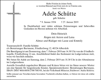 Anzeige von Adele Schütte von Westfälische Nachrichten