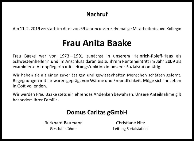  Traueranzeige für Anita Baake vom 22.02.2019 aus Westfälische Nachrichten