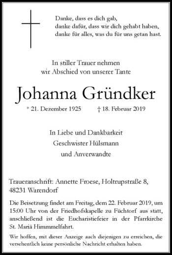 Anzeige von Jihanna Gründker von Westfälische Nachrichten