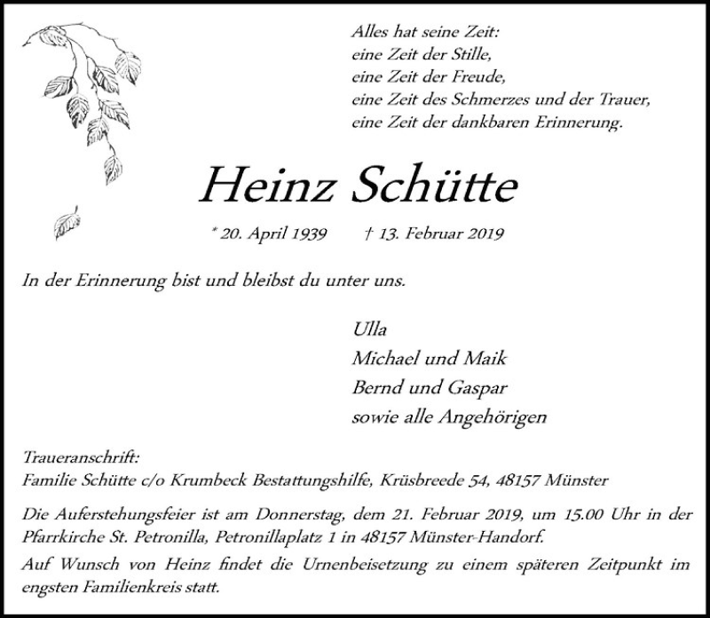 Traueranzeige für Heinz Schütte vom 16.02.2019 aus Westfälische Nachrichten