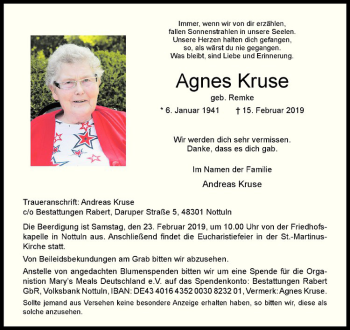 Anzeige von Agnes Kruse von Westfälische Nachrichten