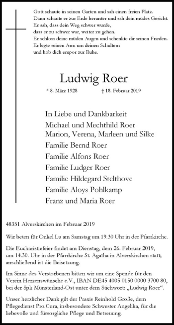 Anzeige von Ludwig Roer von Westfälische Nachrichten