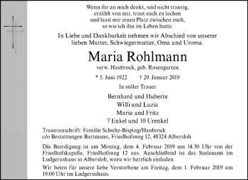 Anzeige von Maria Rohlmann von Westfälische Nachrichten