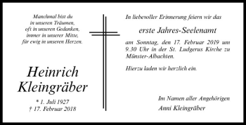 Anzeige von Heinrich Kleingräber von Westfälische Nachrichten