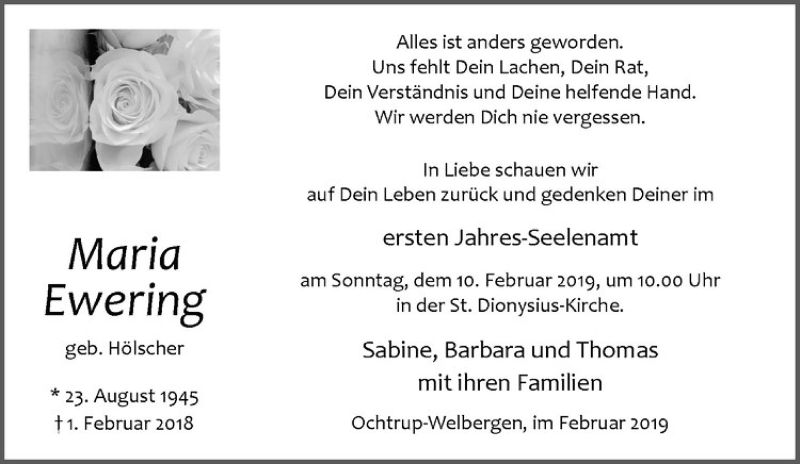  Traueranzeige für Maria Ewering vom 06.02.2019 aus Westfälische Nachrichten