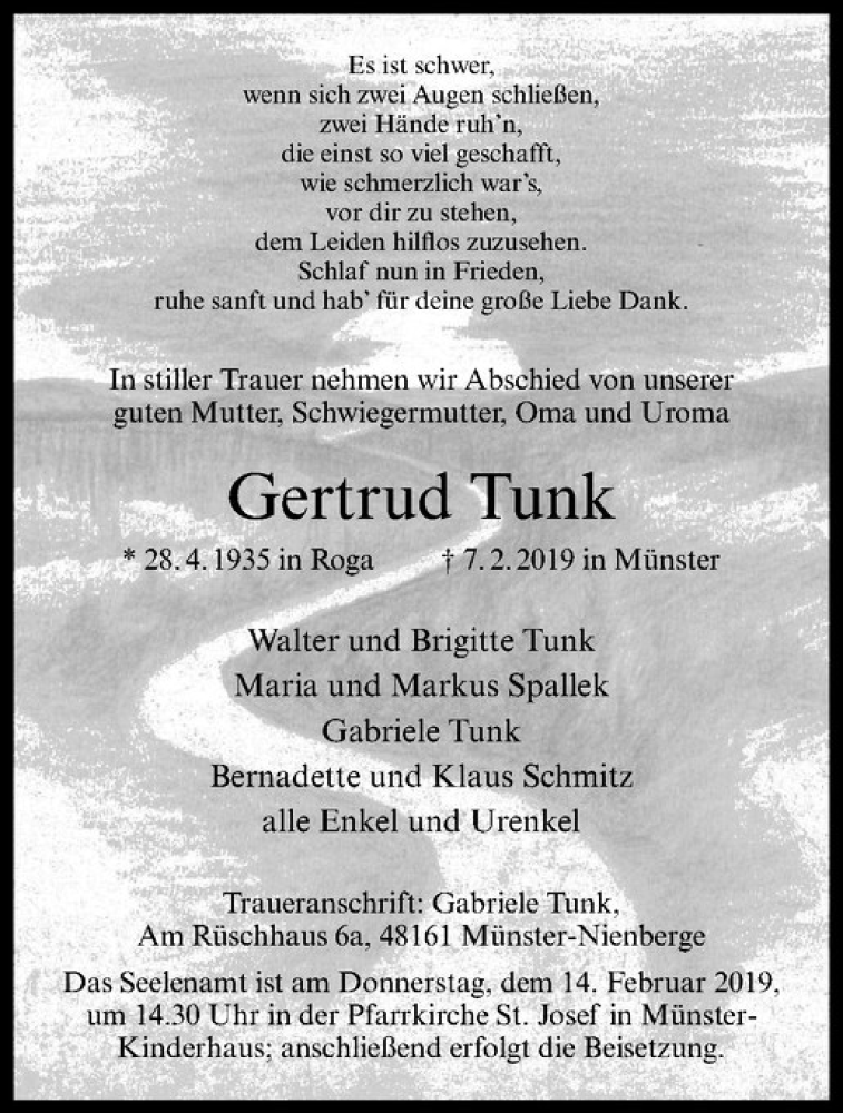  Traueranzeige für Gertrud Tunk vom 13.02.2019 aus Westfälische Nachrichten