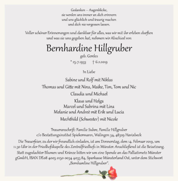 Anzeige von Bernhardine Hillgruber von Westfälische Nachrichten