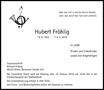 Anzeige von Hubert Fröhling von Westfälische Nachrichten