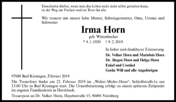 Anzeige von Irma Horn von Westfälische Nachrichten