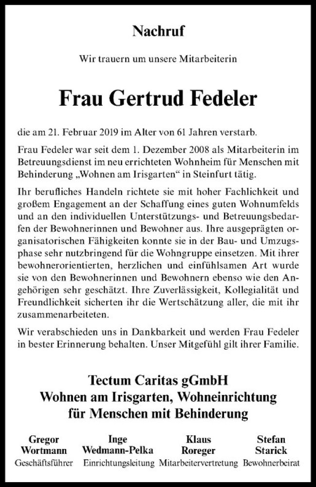  Traueranzeige für Gertrud Fedeler vom 28.02.2019 aus Westfälische Nachrichten