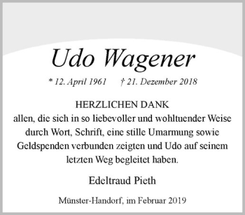 Anzeige von Udo Wagener von Westfälische Nachrichten