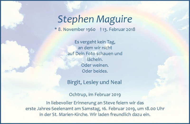  Traueranzeige für Stephen Maguire vom 13.02.2019 aus Westfälische Nachrichten