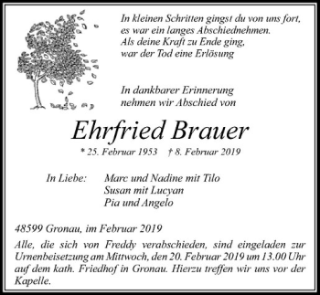 Anzeige von Ehrfried Brauer von Westfälische Nachrichten