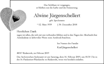 Anzeige von Alwine Jürgenschellert von Westfälische Nachrichten