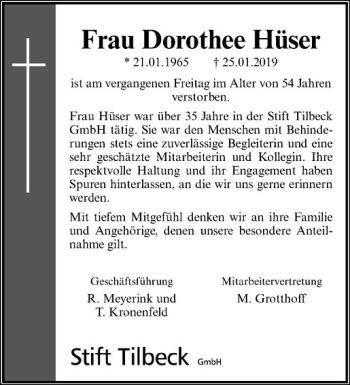 Anzeige von Doro Hüser von Westfälische Nachrichten