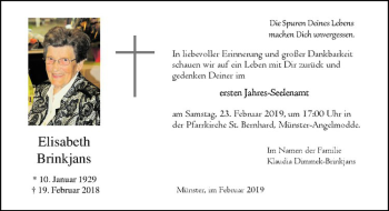 Anzeige von Elisabeth Brinkjans von Westfälische Nachrichten