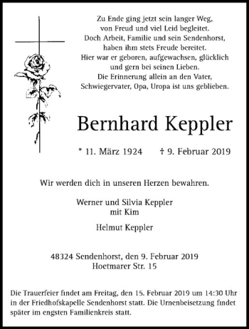 Anzeige von Bernhard Keppler von Westfälische Nachrichten