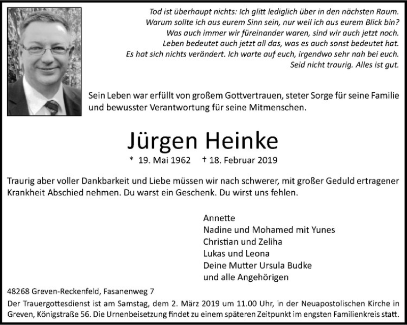  Traueranzeige für Jürgen Heinke vom 23.02.2019 aus Westfälische Nachrichten