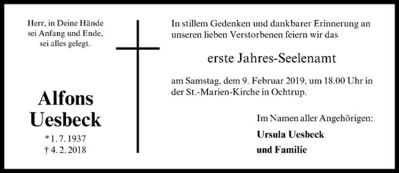  Traueranzeige für Alfons Uesbeck vom 06.02.2019 aus Westfälische Nachrichten