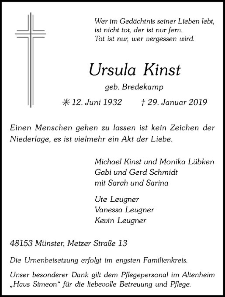  Traueranzeige für Ursula Kinst vom 06.02.2019 aus Westfälische Nachrichten