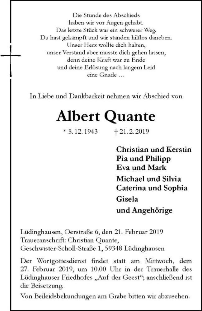  Traueranzeige für Albert Quante vom 23.02.2019 aus Westfälische Nachrichten