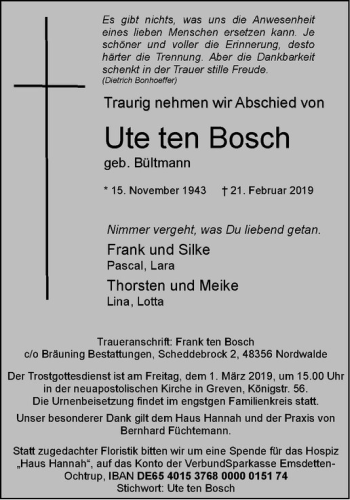Anzeige von Ute ten Bosch von Westfälische Nachrichten
