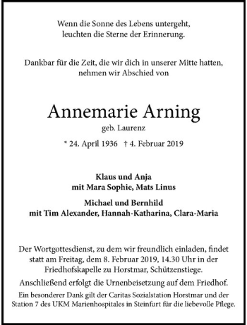 Anzeige von Annemarie Arning von Westfälische Nachrichten