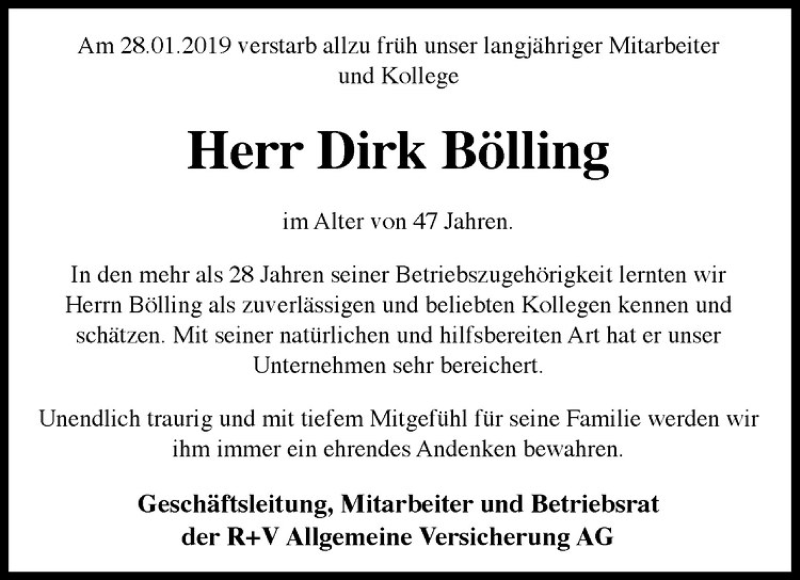  Traueranzeige für Dirk Bölling vom 16.02.2019 aus Westfälische Nachrichten