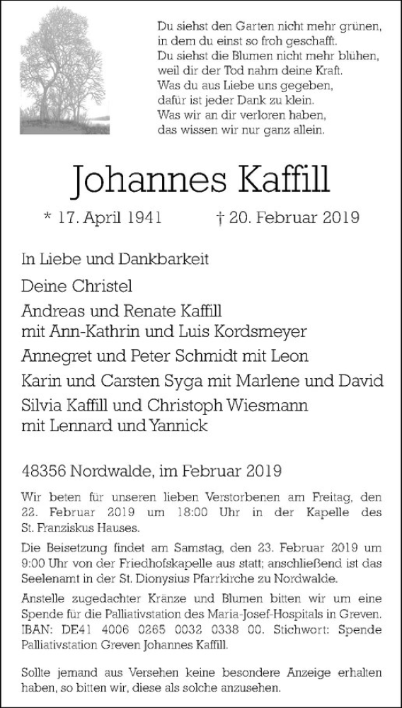  Traueranzeige für Johannes Kaffill vom 22.02.2019 aus Westfälische Nachrichten