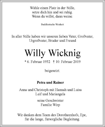 Anzeige von Willy Wicknig von Westfälische Nachrichten