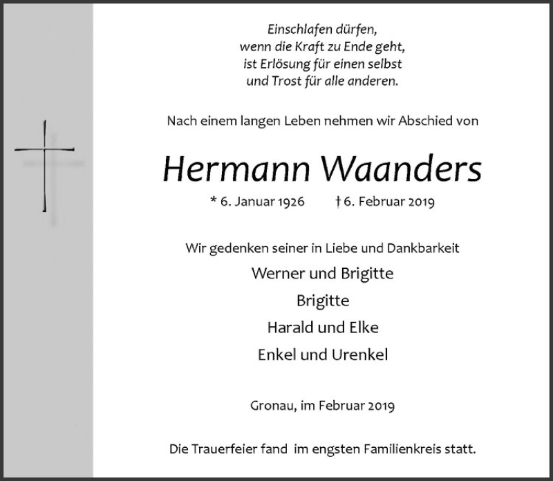  Traueranzeige für Hermann Waanders vom 12.02.2019 aus Westfälische Nachrichten