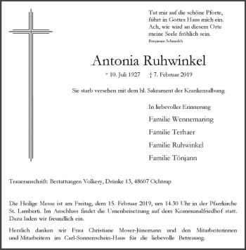 Anzeige von Antonia Ruhwinkel von Westfälische Nachrichten