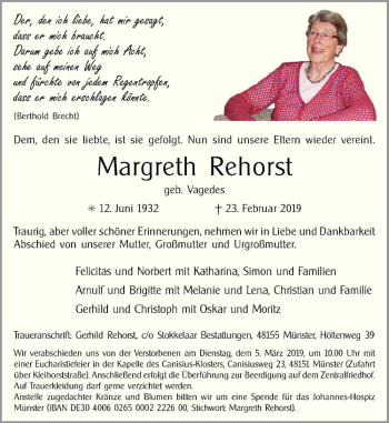 Anzeige von Margreth Rehorst von Westfälische Nachrichten