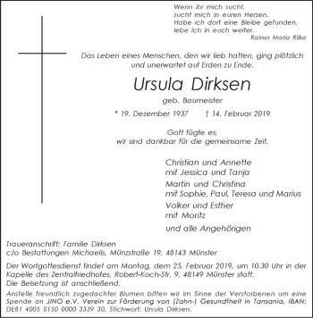 Anzeige von Ursula Dirksen von Westfälische Nachrichten