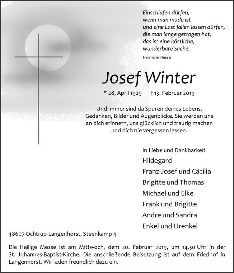  Traueranzeige für Josef Winter vom 15.02.2019 aus Westfälische Nachrichten