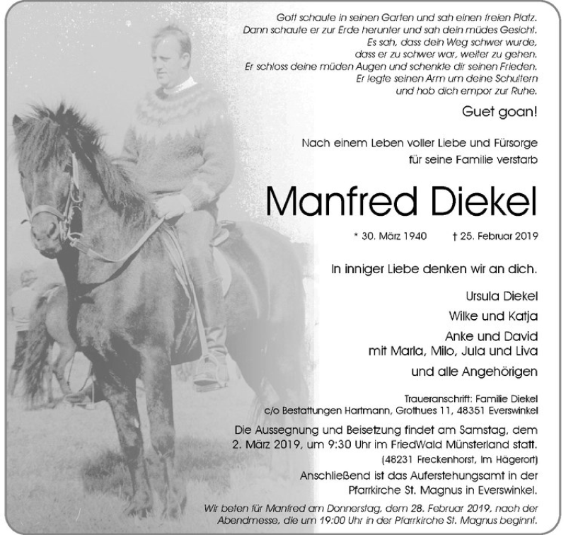  Traueranzeige für Manfred Diekel vom 27.02.2019 aus Westfälische Nachrichten