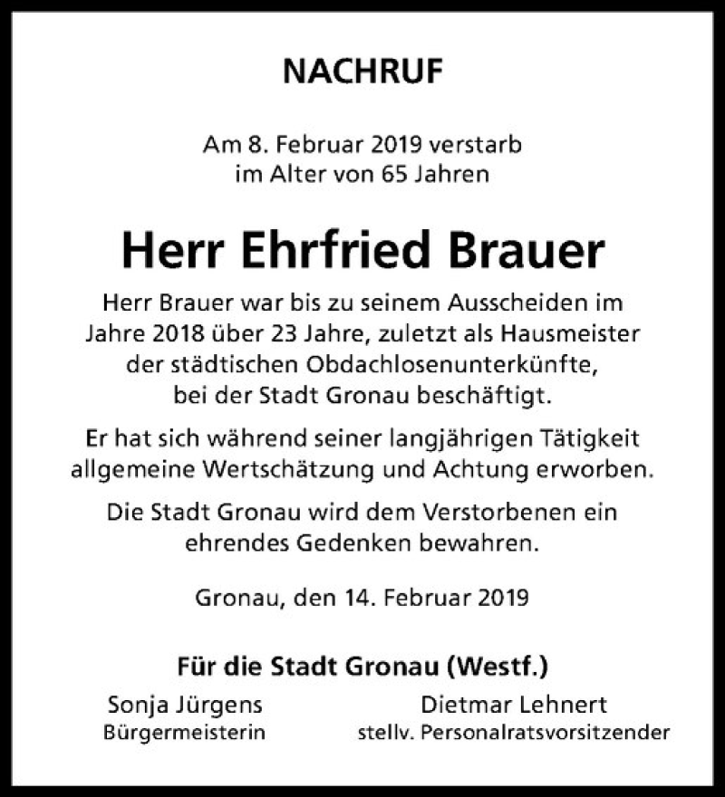 Traueranzeige für Ehrfried Brauer vom 16.02.2019 aus Westfälische Nachrichten