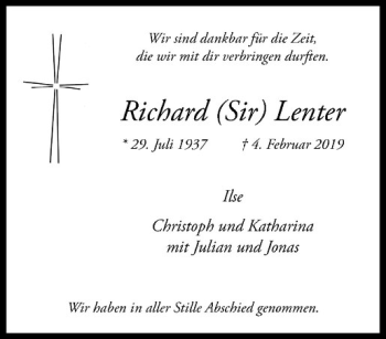 Anzeige von Richard Lenter von Westfälische Nachrichten