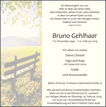 Anzeige von Bruno Gehlhaar von Westfälische Nachrichten