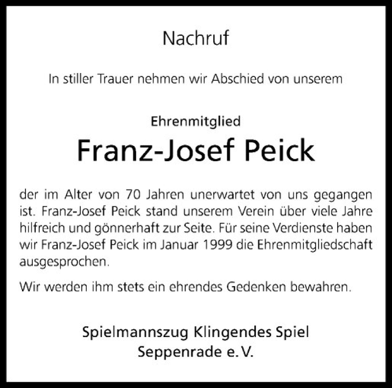  Traueranzeige für Franz-Josef Peick vom 19.02.2019 aus Westfälische Nachrichten