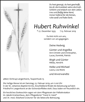 Anzeige von Hubert Ruhwinkel von Westfälische Nachrichten