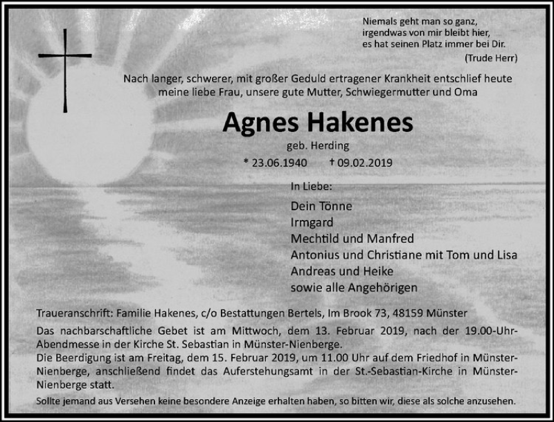  Traueranzeige für Agnes Hakenes vom 13.02.2019 aus Westfälische Nachrichten