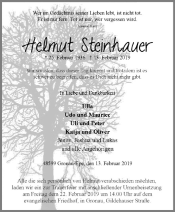 Anzeige von Helmut Steinhauer von Westfälische Nachrichten