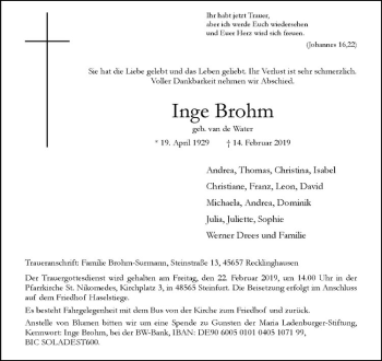 Anzeige von Inge Brohm von Westfälische Nachrichten
