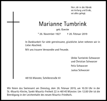 Anzeige von Marianne Tumbrink von Westfälische Nachrichten