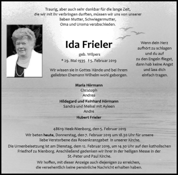 Anzeige von Ida Frieler von Westfälische Nachrichten