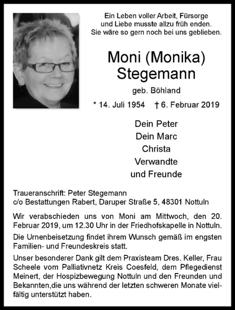  Traueranzeige für Monika Stegemann vom 09.02.2019 aus Westfälische Nachrichten