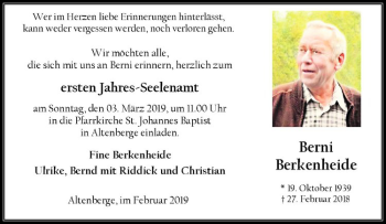 Anzeige von Berni Berkenheide von Westfälische Nachrichten