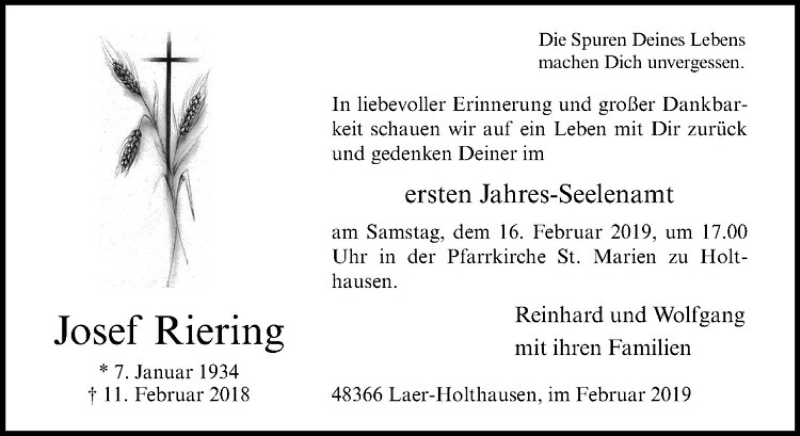  Traueranzeige für Josef Riering vom 13.02.2019 aus Westfälische Nachrichten