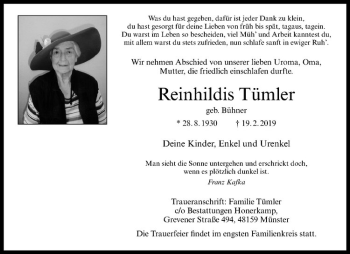 Anzeige von Reinhildis Tümler von Westfälische Nachrichten